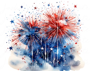 15 Patriotic Fireworks Watercolor Clipart Bundle, 4th of July USA PNG JPG, Independence Day Art, Digital Download, Junk Journal