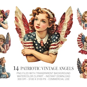 Vintage Patriotic Angel Clipart, 14 Watercolor PNGs of Retro 4th of July Girls with Wings in Red White Blue for Sublimation Projects