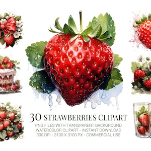 Ensemble de clipart fraises, 30 fraises juteuses aquarelles, gâteaux et verres PNG pour travaux manuels d'été, cartes de recettes et décoration de cuisine