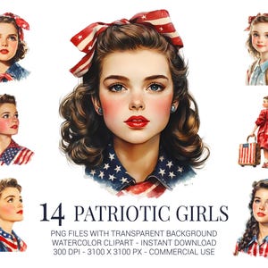 Clipart patriottische meisjes, 14 aquarel vintage meisjes met vlag, jurken en linten voor 4 juli knutselen, kaarten en sublimatie