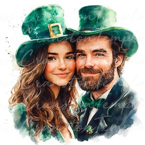 10 Ritratto di coppia per il giorno di San Patrizio, download digitale, arte ad acquerello, cappello irlandese, arte murale stampabile, regalo per il giorno di San Patrizio, arredamento per la casa