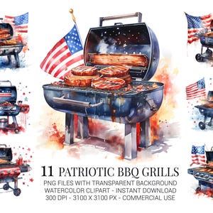 Clipart patriotique de grils de barbecue, 11 PNGs aquarelles de gril avec le drapeau pour la fête de barbecue du jour de l'indépendance, Art de sublimation du 4 juillet