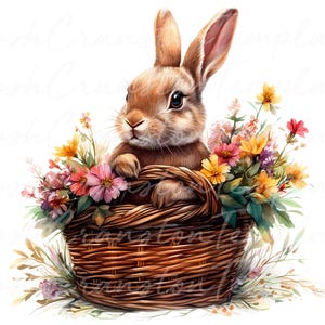 12 Coniglietto pasquale Arte digitale, Cesto di fiori primaverili stampabile, Decorazione da parete con coniglio carino, Stampa di decorazioni per la casa di Pasqua, Arte per la stanza dei bambini, Istantanea