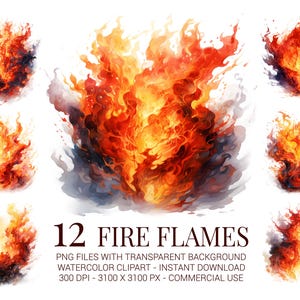 Bundle de cliparts aquarelle feu flammes - 12 illustrations PNG fougueuses pour sublimation, tatouages, affiches et travaux manuels