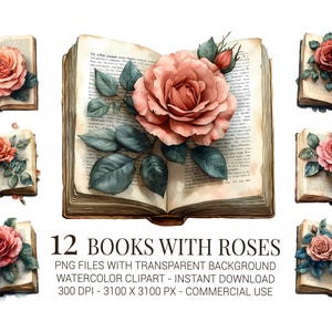 Livres avec ensemble de cliparts roses, livre floral aquarelle PNGs pour travaux manuels romantiques, journaux, éphémères vintage et scrapbooking