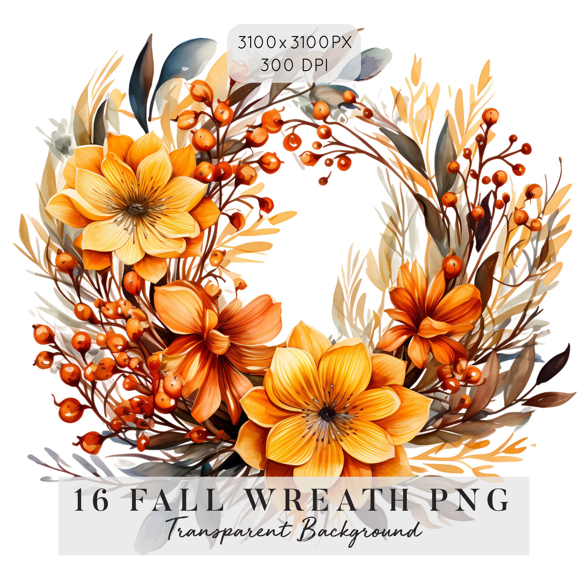 16 Fall Wreath Clipart, Fall Autumn Watercolor Wreaths Clipart, Flowers