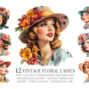 Vintage Floral Ladies Clipart – 12 Retro Women in Flower Hats PNGs for Vintage Crafts, Posters & Journals