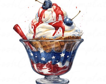 Paquete de imágenes PNG de helados patrióticos: imágenes prediseñadas de postres estadounidenses en acuarela (descarga digital)
