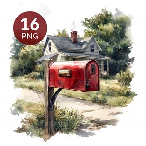Red Mailbox Country House Watercolor Clipart Set
