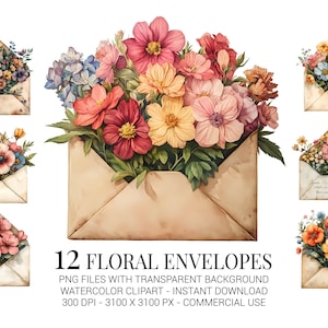 Conjunto de imágenes prediseñadas de sobres florales: 12 imágenes PNG de sobres con flores de acuarela para tarjetas, álbumes de recortes, invitaciones y manualidades románticas.