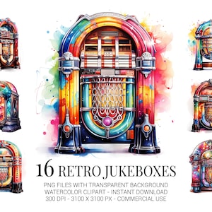 Ensemble de cliparts jukebox rétro, 16 fichiers PNG de musique aquarelle colorés pour décoration de fête des années 50, faire-part, rock n roll et travaux manuels