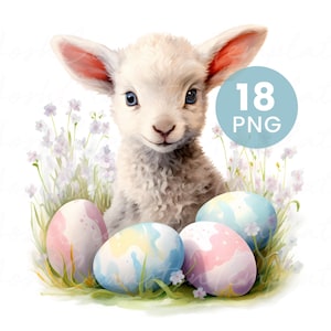 Easter Lamb Watercolor PNGs 18 Cute Baby Lamb and Colorful Eggs for Junk Journal, Digital Download, Paper Craft Clipart