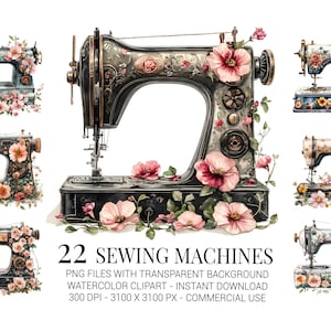Vintage Sewing Machine Clipart Set, Floral Watercolor Sewing PNGs, Transparent Background for Crafters, Quilters & DIY Projects