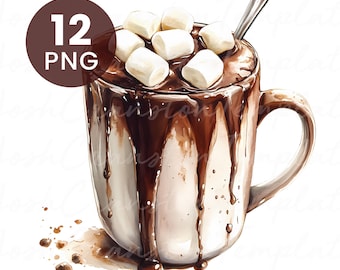 Watercolor Hot Chocolate Clipart: Marshmallow Mugs, Winter PNGs (Digital Download