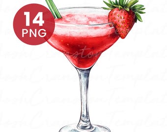 Strawberry Daiquiri Watercolor Clipart: Summer Drink PNGs (Digital Download)