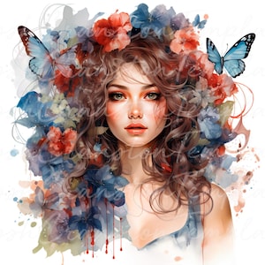 Femme aquarelle avec fleurs et papillons en téléchargement numérique, impression d'art portrait fantaisiste, décoration murale bohème, téléchargement immédiat