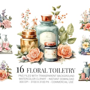 Clipart floral d'articles de toilette, 16 bouteilles de bain aquarelles avec des fleurs pour une décoration de spa, des étiquettes de produits, des journaux indésirables et une marque de beauté
