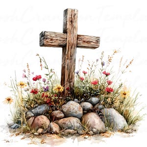16 Croix en bois fleurs sauvages printanières Clipart, Art chrétien en téléchargement numérique, Pâques Clipart, Art floral croix, graphique religieux, imprimable