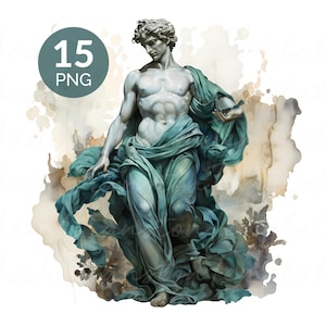Klasyczny zestaw akwareli z marmurową statuą w formacie PNG