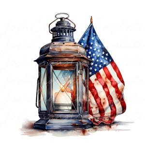 Puede incluir: Ilustración en acuarela de una linterna vintage con una vela encendida en su interior, junto a una bandera estadounidense ondeando. La linterna es oscura con un acabado oxidado, y la bandera muestra rayas rojas y blancas y estrellas azules.