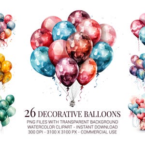Decoratieve ballonnen clipartset, 26 aquarelballon-png&#39;s voor verjaardagen, kaarten, uitnodigingen, feestdecor en sublimatie