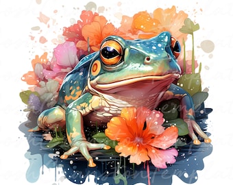 Watercolor Frog Clipart Bundle, Colorful Amphibian Art, Floral Illustration (Digital Download)