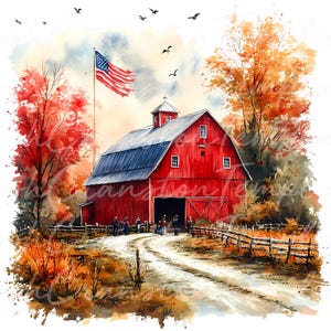 Patriotic Barn Watercolor Clipart, Rustic Americana PNG JPG (Digital Download) image 7