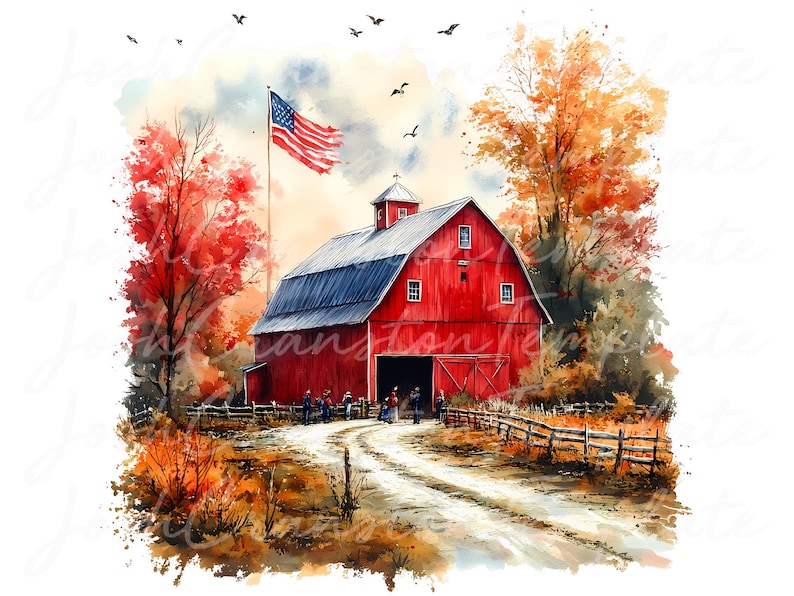 Patriotic Barn Watercolor Clipart, Rustic Americana PNG JPG (Digital Download) image 7