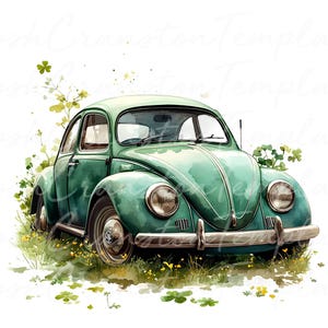 12 Vintage Green Beetle Car Art, Classic Car Watercolor Print, Automotive Wall Art, Retro Car Digital Download, Old Timer Illustration