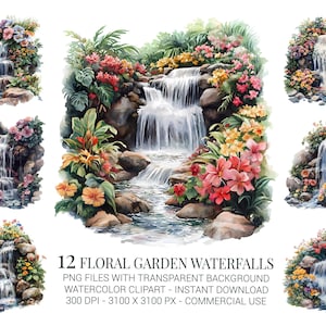 Ensemble de clipart floral jardin cascades, 12 cascades PNG aquarelle avec fleurs, clipart nature paysage pour cartes, autocollants et décoration