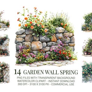 Clipart bloementuin muur: handgeschilderde lentebloemen (directe download)
