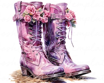 Pink Cowgirl Stiefel Aquarell Clipart, Floral Western PNG Bundle (digitaler Download)