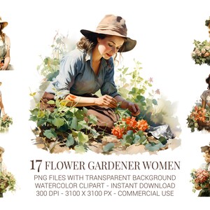 Flower Gardener Women Clipart – 17 Vintage Watercolor PNGs of Women Gardening with Flowers for Spring Crafts, Cards & Journals