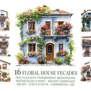 Floral House Facades Clipart, 16 Watercolor European Houses with Flowers for Scrapbooking, Wedding Decor, Crafts & Invitations
