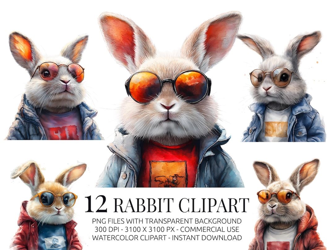Cool Rabbits Clipart Bundle - 12 Hipster Bunny Pngs With Sunglasses and ...