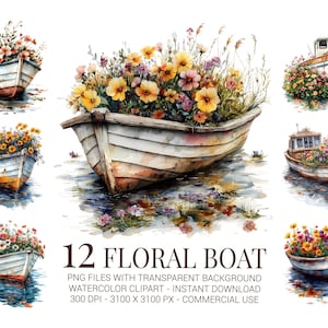 Floral Boat Clipart Bundle, 12 Watercolor Boats Filled with Flowers PNGs, Nautical Spring Clip Art for Crafts, Cards & Invitations