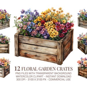 Floral Garden Crates Clipart - 12 rustikale Holzblumenkasten PNG Aquarell Clipart für Frühling DIY, Scrapbooking, Karten, Wandkunst