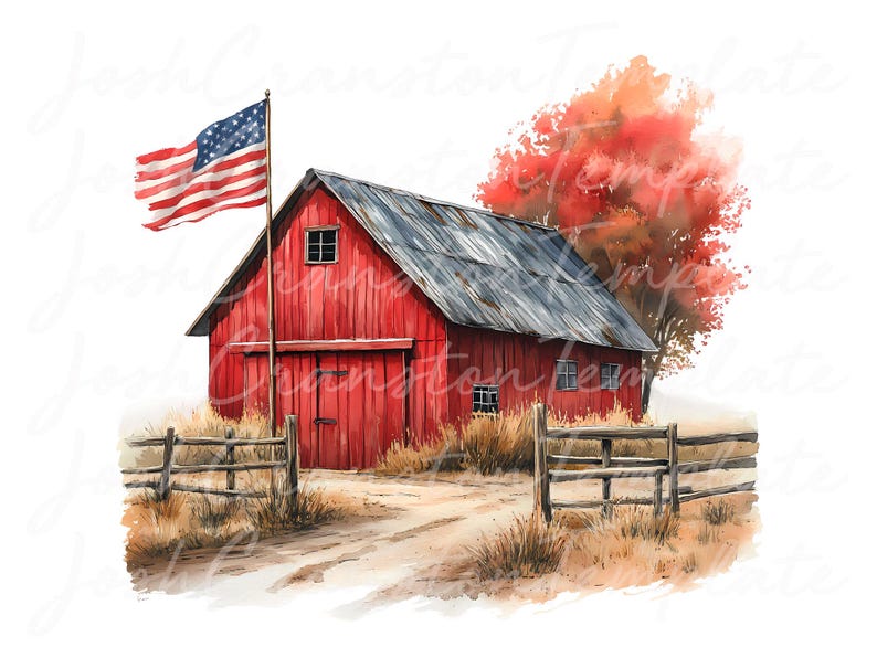 Patriotic Barn Watercolor Clipart, Rustic Americana PNG JPG (Digital Download) image 9
