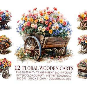 Florale Holzwagen Clipart, 12 Aquarell Blumenwagen mit rustikalem Charme für Bauernhaus Dekoration, Frühlingshandwerk & Junk Journals