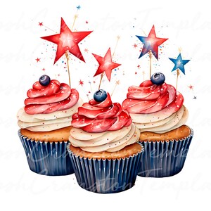 Patriotic Cupcakes Clipart, 15 Watercolor Pngs of Red White and Blue ...
