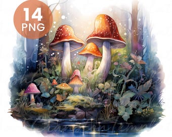 Watercolor Mushroom Clipart: Mystical Forest PNGs (Digital Download