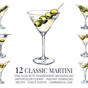 Klassisches Martini-Clipart-Set, 12 Aquarell-PNGs mit Olivengarnitur, Cocktail-Drink-Illustrationen für Barkarte, Branding & Dekor