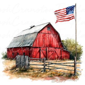 Patriotic Barn Watercolor Clipart, Rustic Americana PNG JPG (Digital Download) image 5