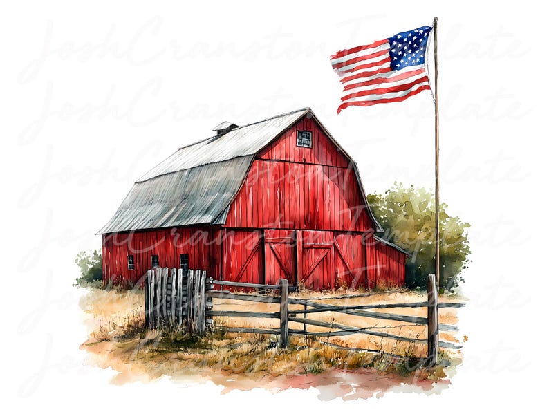 Patriotic Barn Watercolor Clipart, Rustic Americana PNG JPG (Digital Download) image 5