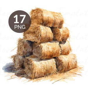 Può includere: Illustrazione ad acquerello di una pila di balle di fieno rettangolari. Le balle sono di colore marrone chiaro e sembrano essere fatte di paglia. Un cerchio marrone scuro con il testo "17 PNG" è nell'angolo in alto a sinistra. Sfondo bianco.