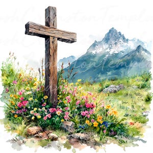 10 Croix chrétienne fleurs printanières numérique Clipart, téléchargement religieux scène de montagne, Pâques Art Floral, Art imprimable Nature