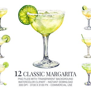 Ensemble classique de cliparts Margarita, 12 PNG aquarelles avec quartier de citron vert et bord sel, illustrations de cocktails pour une décoration de fête et une image de marque