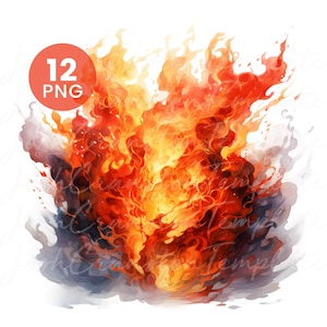 Fire Flames – 12 Watercolor PNGs for Junk Journal, Digital Download, Paper Craft, Printable Art & High Quality Clipart