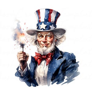 Uncle Sam Watercolor Clipart, Patriotic 4th of July PNG JPG (Digital Download