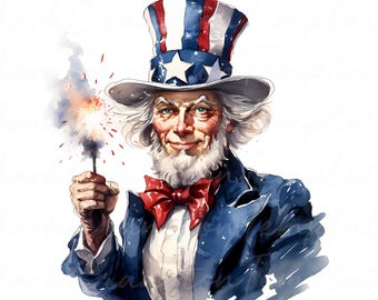 Uncle Sam 4.Juli Aquarell Clipart, 4.Juli PNG JPG (Digitaler Download